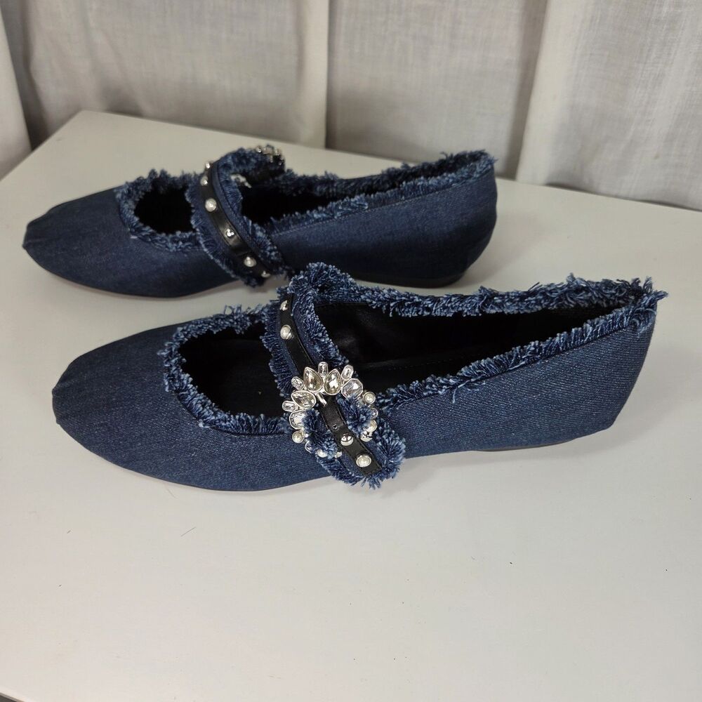 Nine West Blue Denim Chambray with Bling Mary Jane Flats Women's Size 10.5